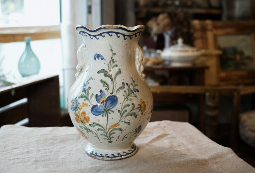 Vase en faïence crème à fleurs bleues et jaunes près d’une fenêtre dans une boutique d’antiquités