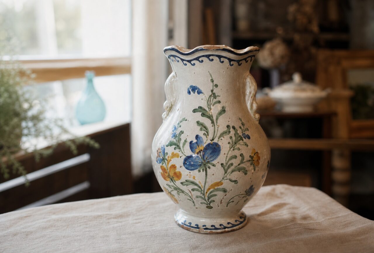 Vaso in maiolica crema illuminato lateralmente da una finestra con fiori blu e gialli dipinti