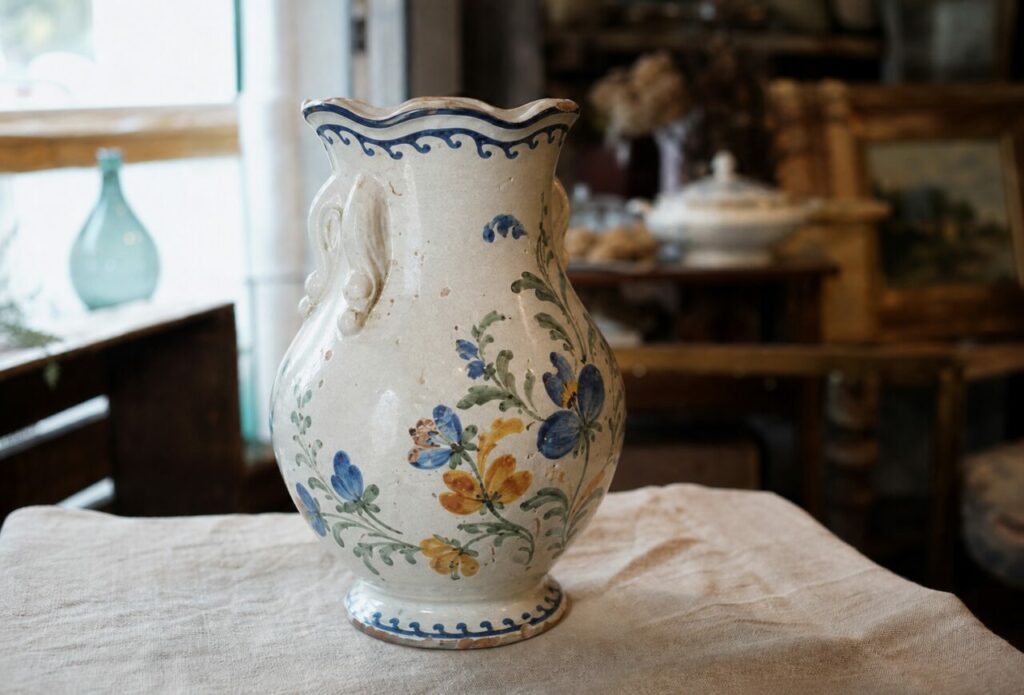 Vue latérale gauche d’un vase en faïence crème à anse moulée et bouquet floral bleu jaune