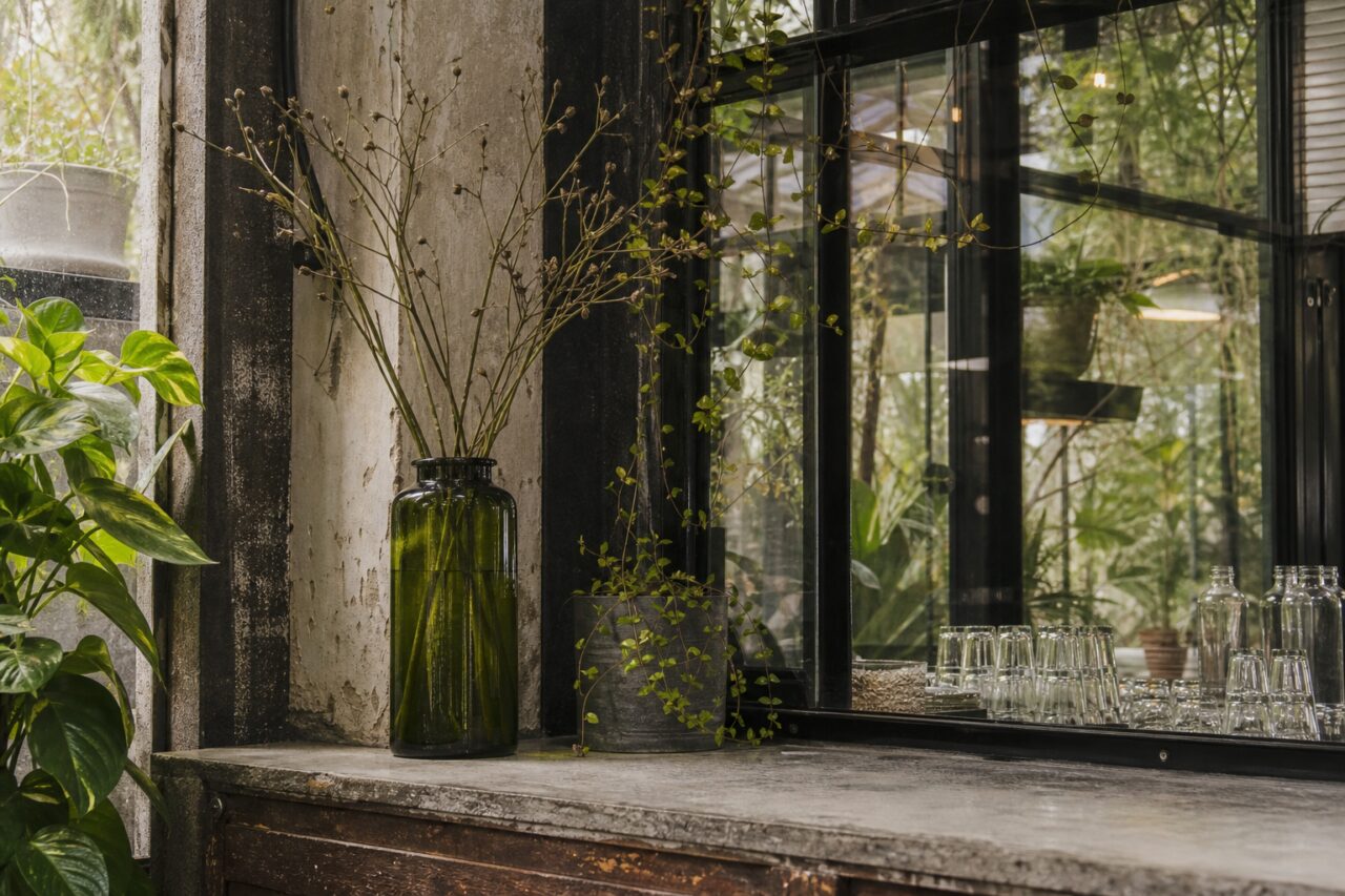 Vase vert devant un grand cadre vitré noir