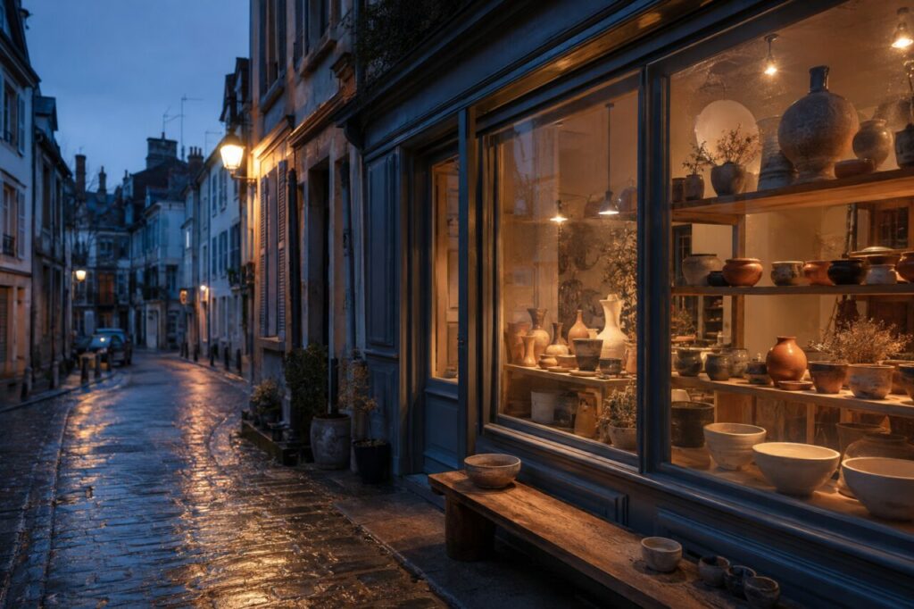 Vases à l’heure bleue — Vases et bols émaillés derrière la vitre, rue mouillée