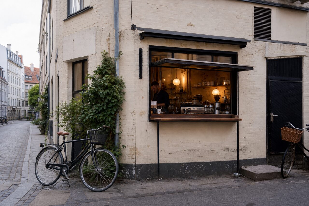 Fiets tegen klimop naast een verlichte koffiebalie