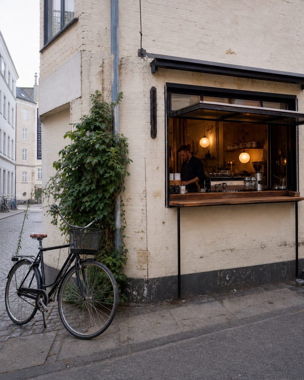 Vélo et lierre devant un comptoir de rue en portrait