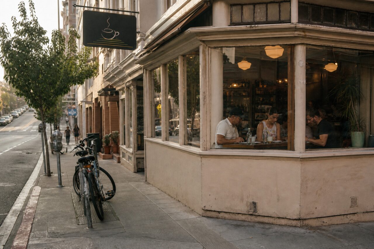 Vélo sur le trottoir devant la vitrine du café