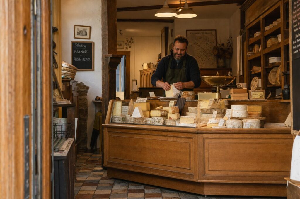 Vendeur préparant un fromage au comptoir
