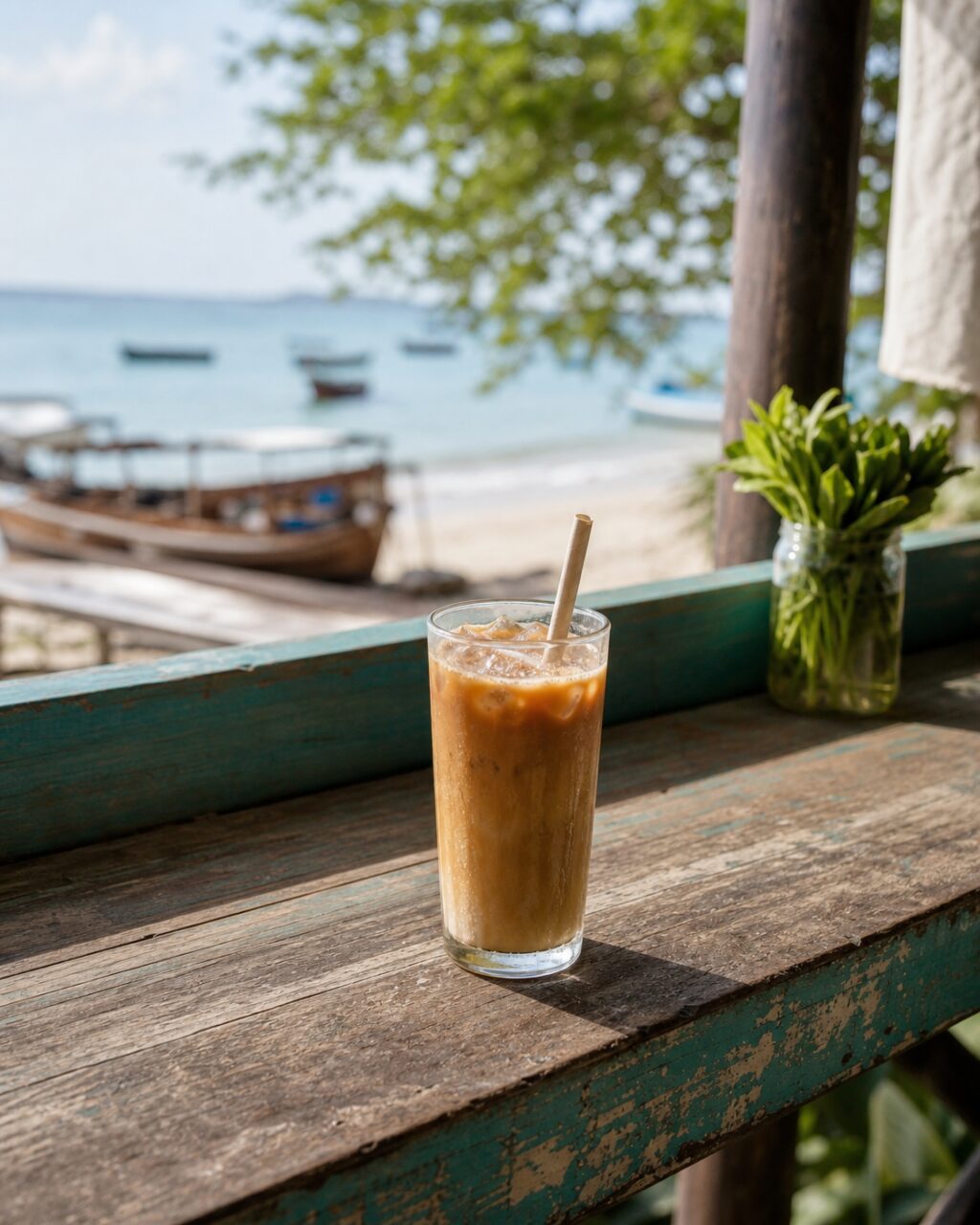Eisgekühltes Glas im Hochformat vor Boot und Meer