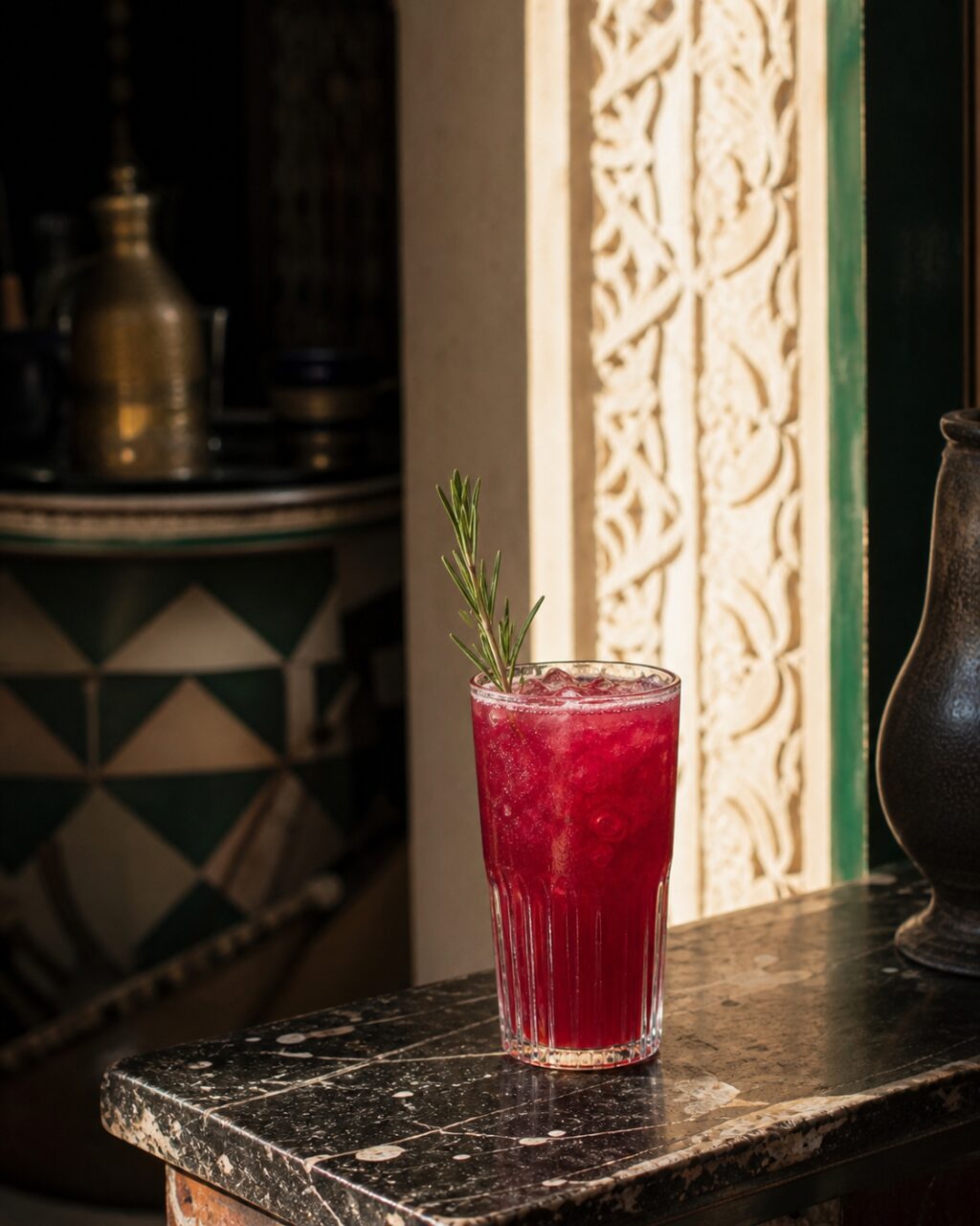 Verre contenant du liquide rouge centré au bord du comptoir