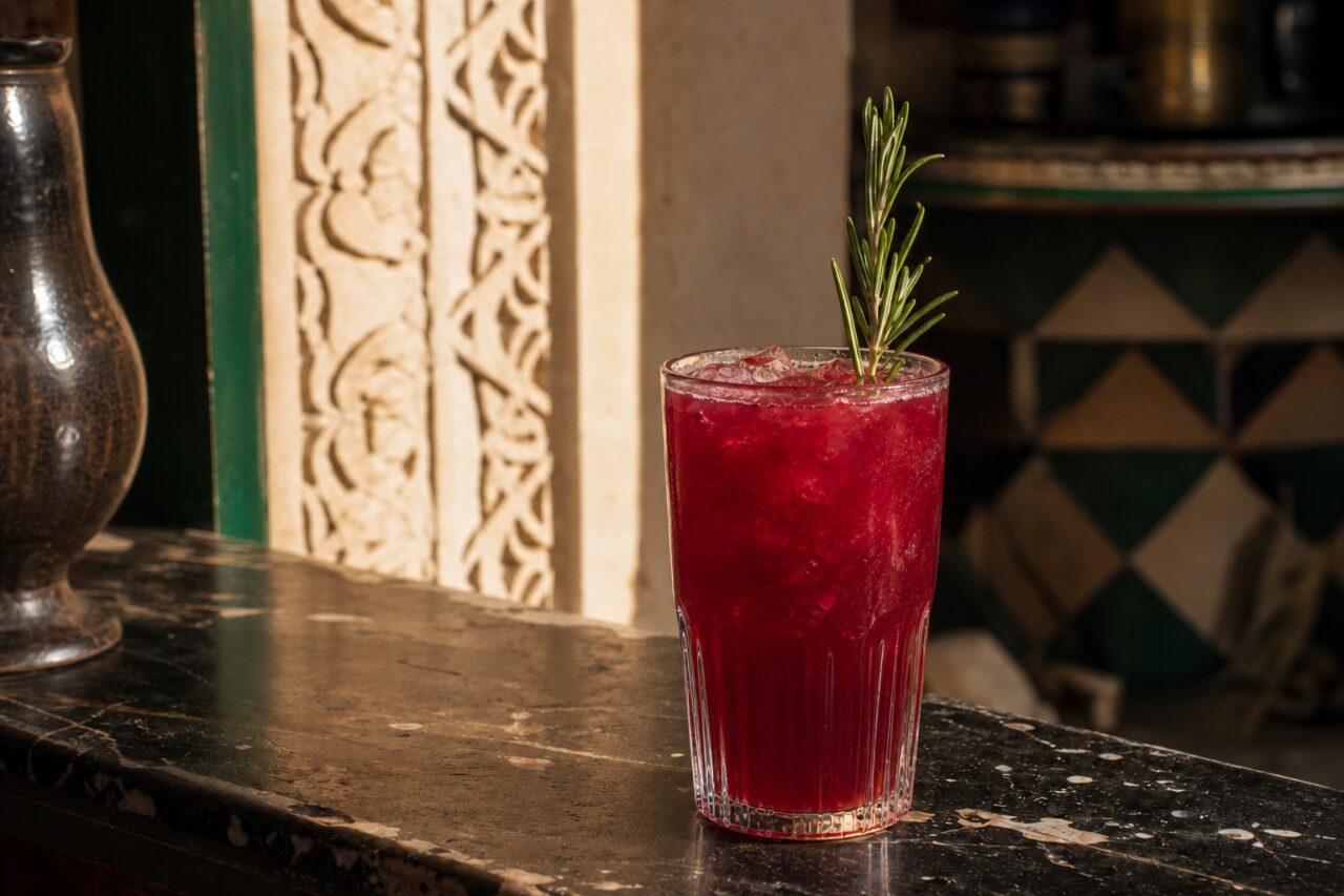 Verre contenant du liquide rouge vu de côté avec branche verticale