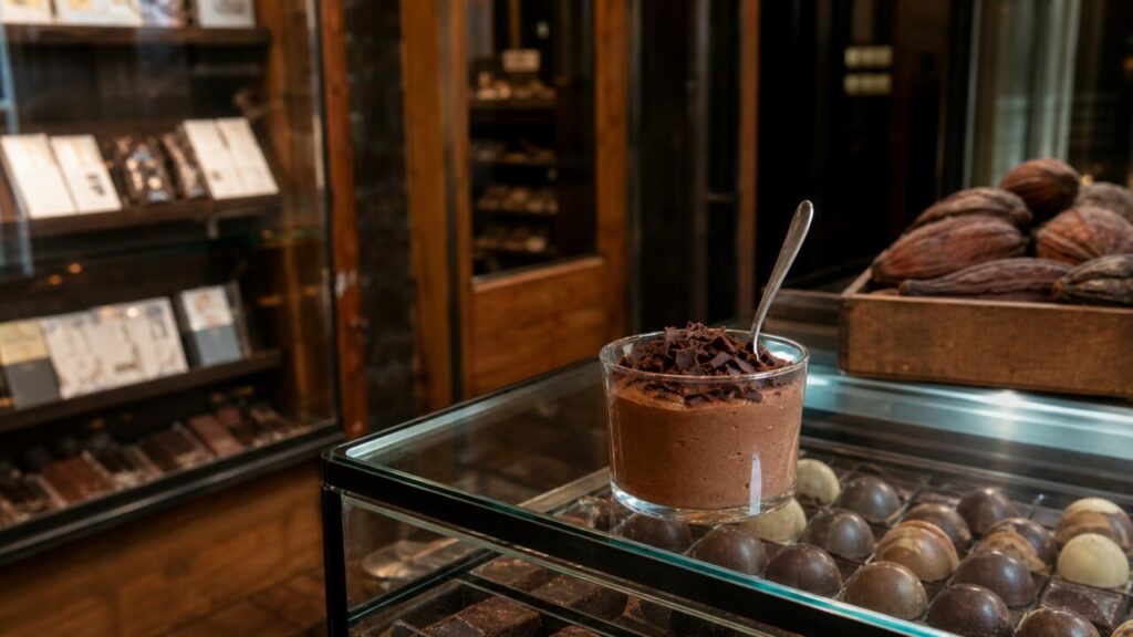 Verrina de mousse de chocolate sobre una vitrina