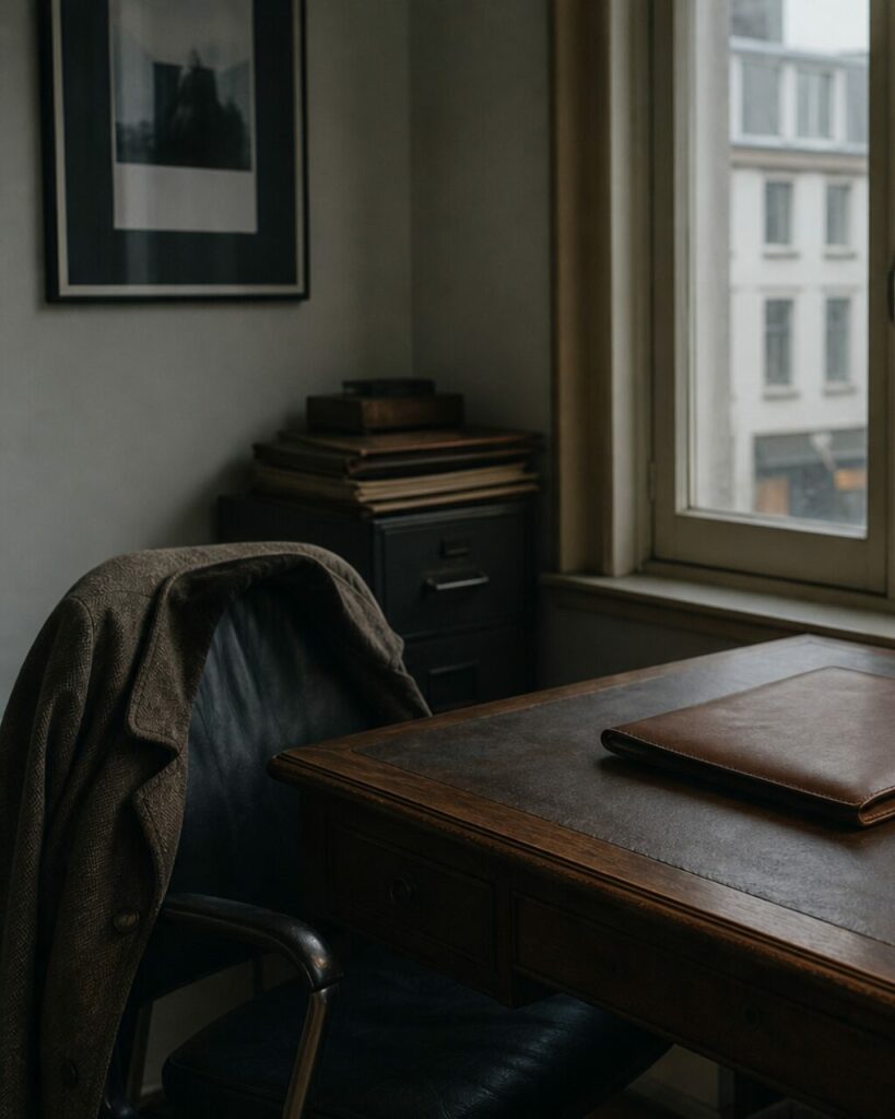 Veste sombre sur un fauteuil près d’un meuble à tiroirs