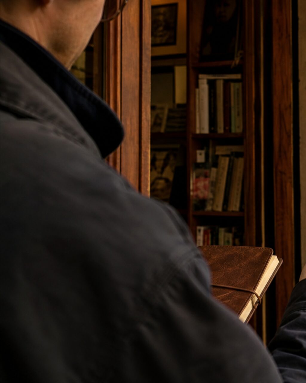 Veste sombre et carnet devant une bibliothèque en bois