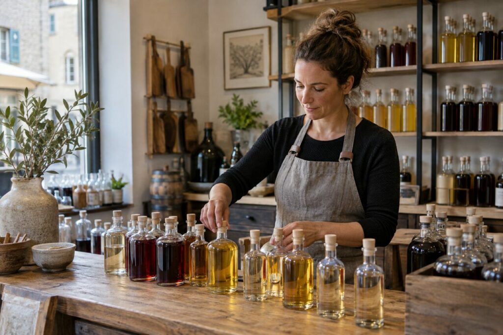 Vinaigrerie indépendante — arranging clear bottles at a counter