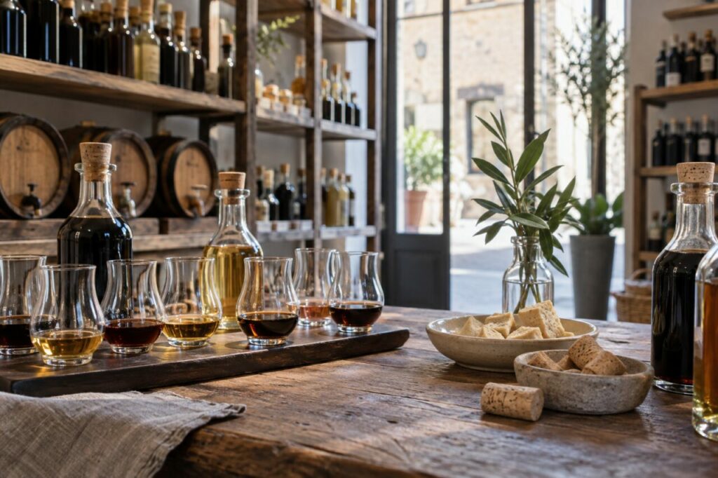 Vinaigrerie indépendante — showing tasting glasses and corks