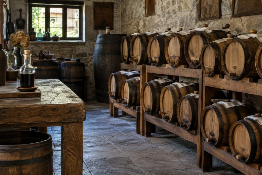 Vinaigrerie indépendante — with small oak casks in a cellar