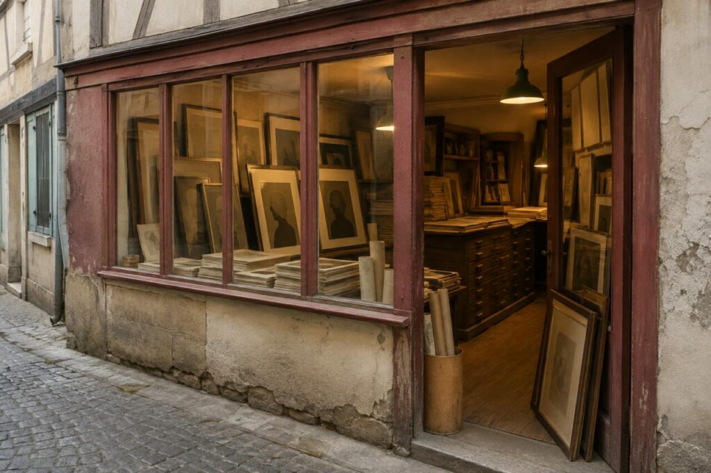Devanture ancienne d’une boutique d’affiches avec portraits encadrés et tiroirs d’archives