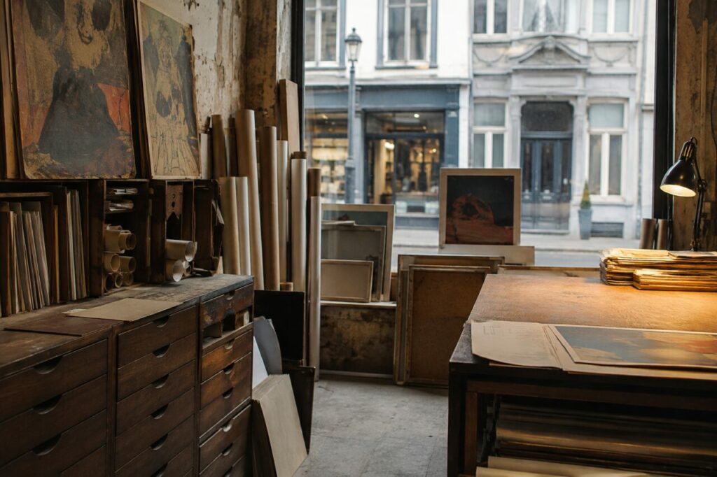 Table de consultation d’une boutique d’affiches anciennes face à une rue européenne