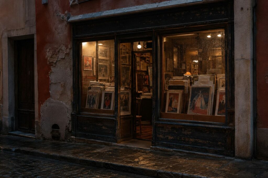Vitrine nocturne d’une boutique d’affiches anciennes sous la pluie, éclairée de tons ambrés