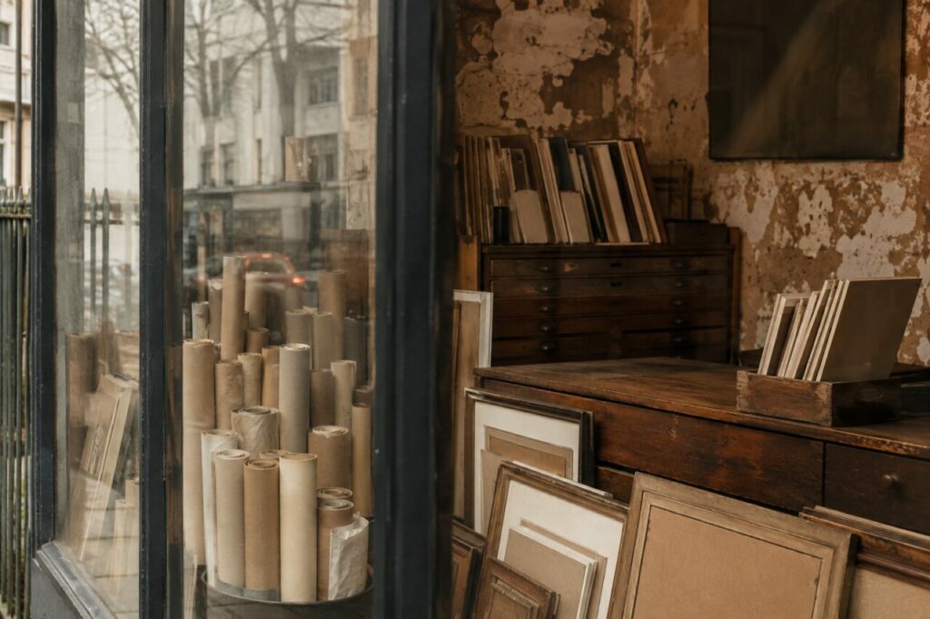 Rouleaux de papier et cadres anciens dans la vitrine patinée d’une boutique d’affiches