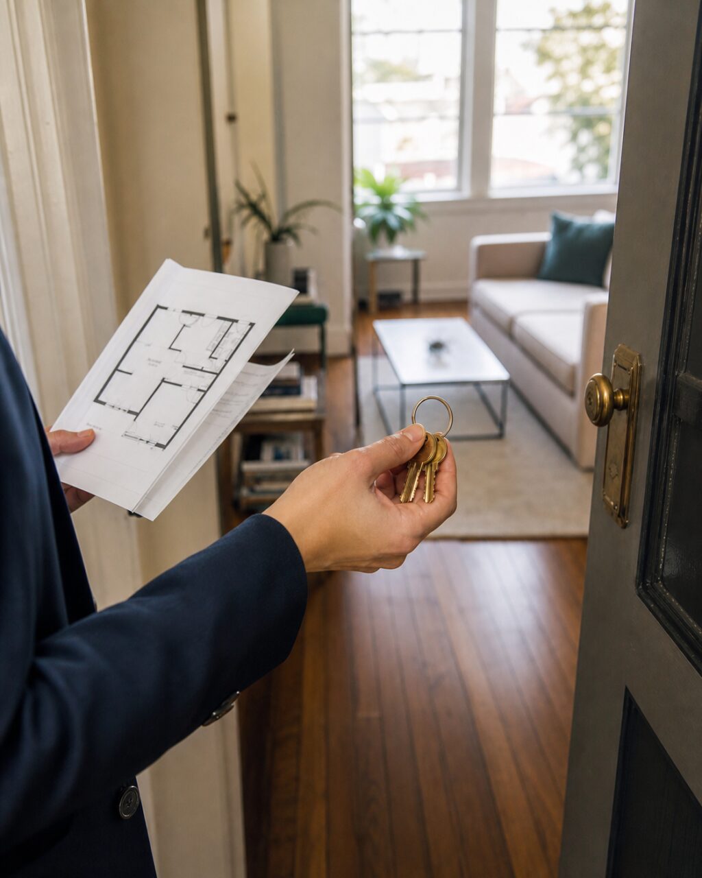 Appartementbezichtiging in San Francisco met sleutelbos en plattegrond
