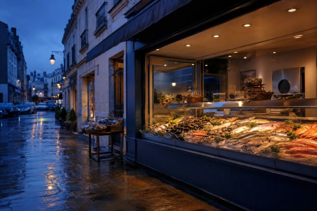 Vitrine éclairée de poissonnerie dans une rue mouillée au crépuscule