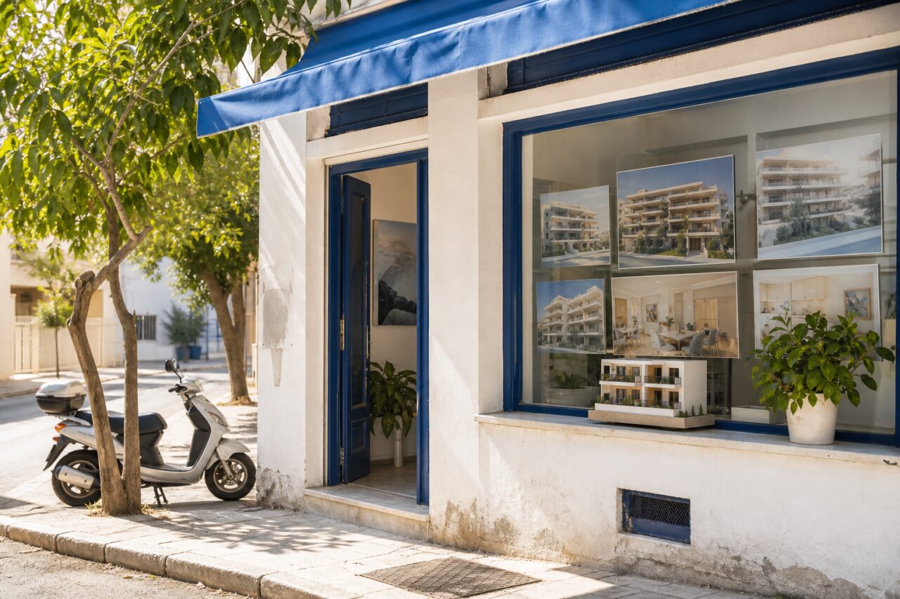 Vitrine d’agence immobilière bleue à Athènes sous le soleil