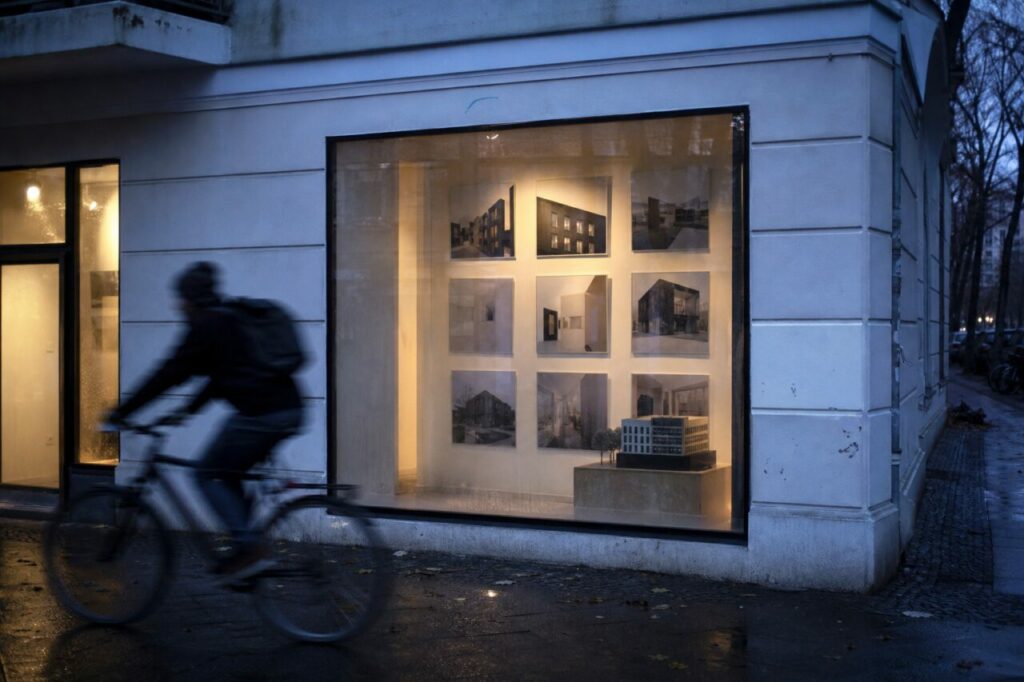 Vitrine d’agence immobilière à Berlin sous la pluie avec maquette