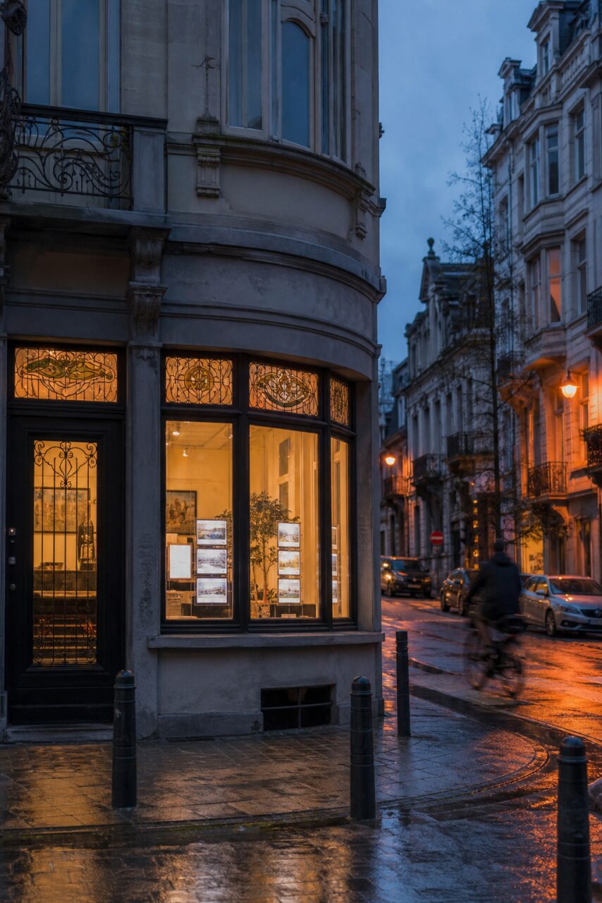Illuminated real estate agency window in Brussels on an elegant street after rain
