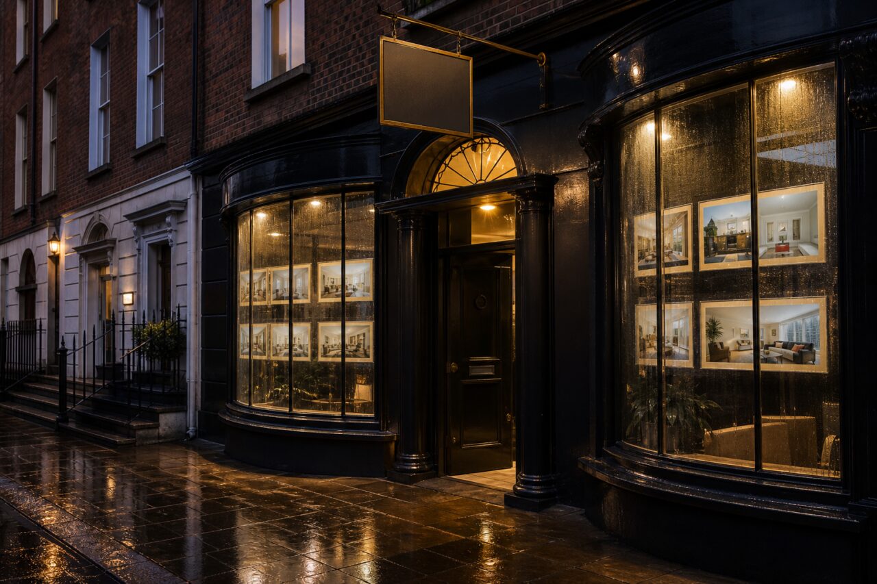 Georgianisches Immobilien-Schaufenster in Dublin im Regen