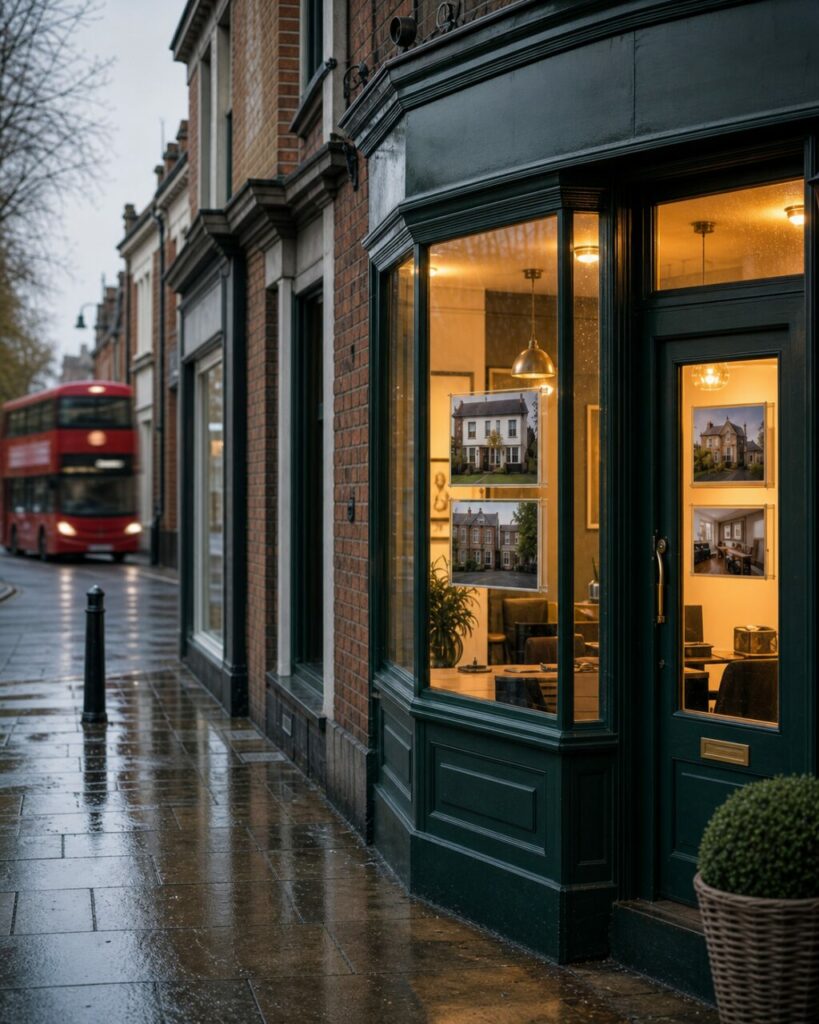 Vitrine d’agence immobilière londonienne et bus rouge sous la pluie