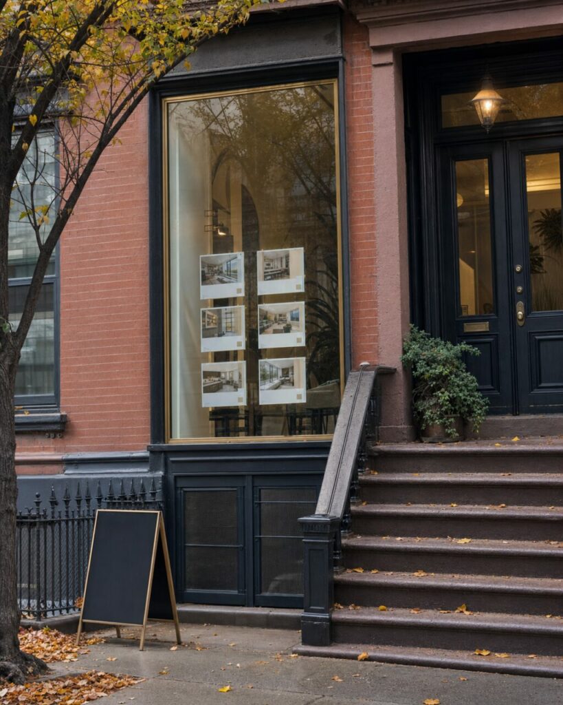 Vitrine d’agence immobilière new-yorkaise dans un brownstone