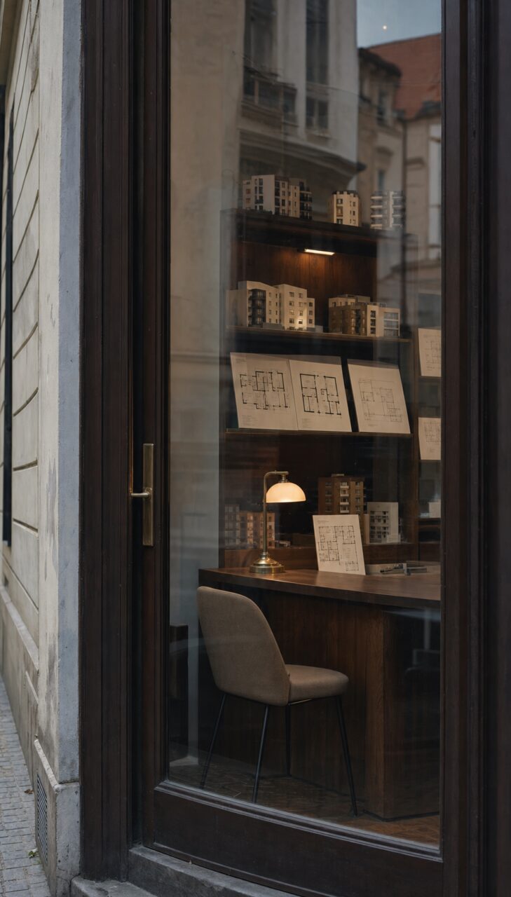 Vitrine van een makelaarskantoor in Praag met verlichte maquettes en plattegronden