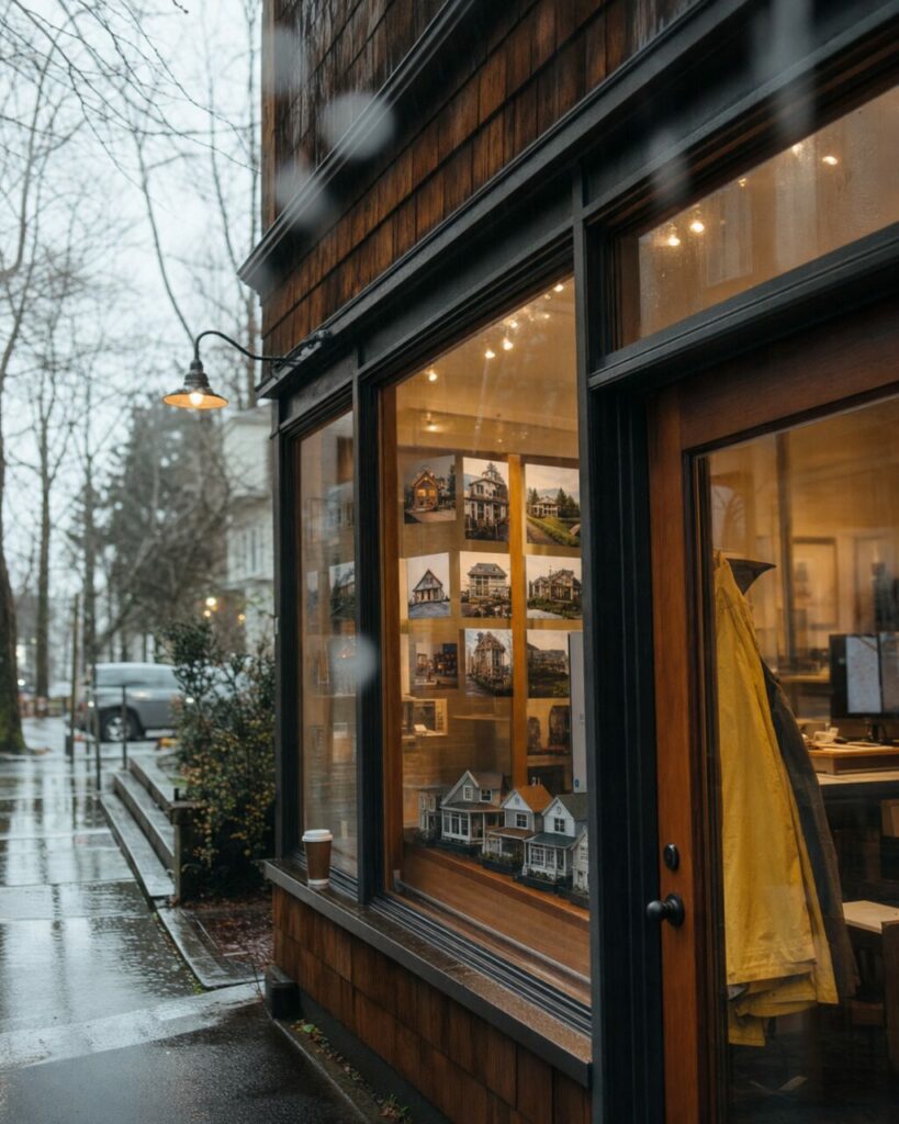 Vetrina di un’agenzia immobiliare a Seattle sotto la pioggia
