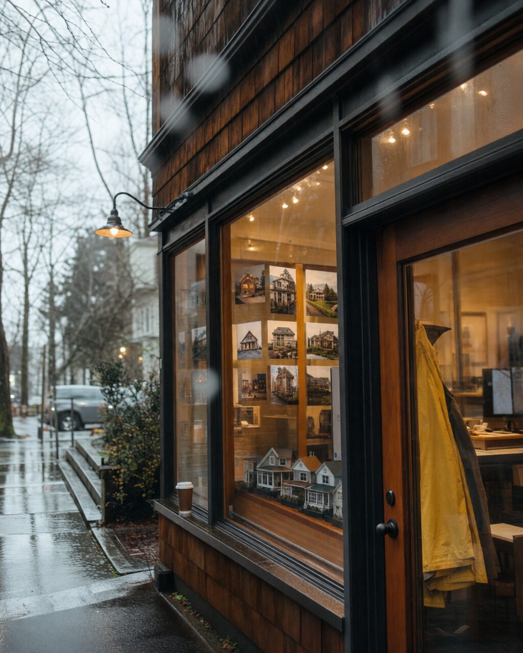 Vitrine van een makelaarskantoor in Seattle in de regen