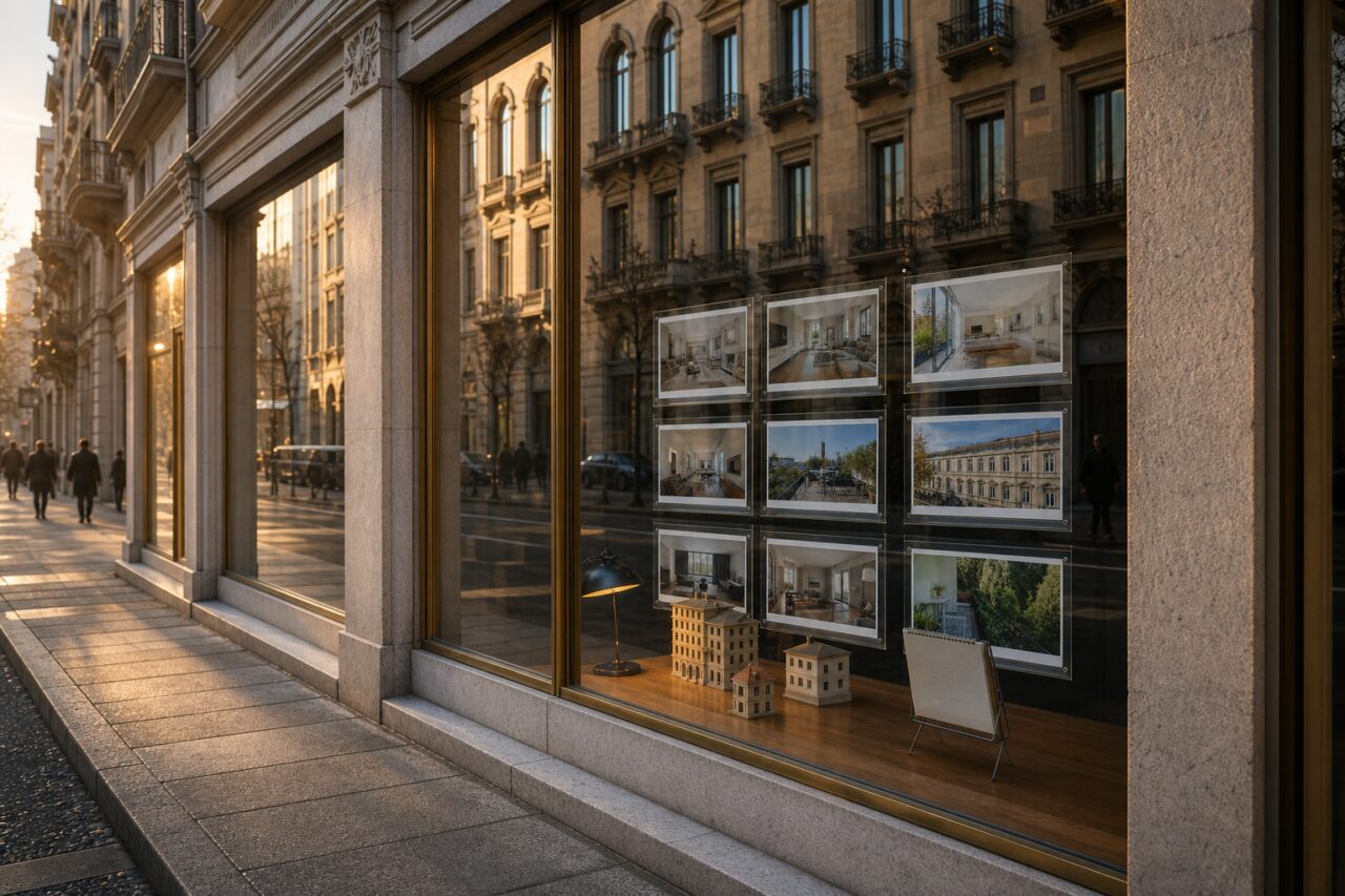 Vitrine d’agence immobilière au soleil du soir
