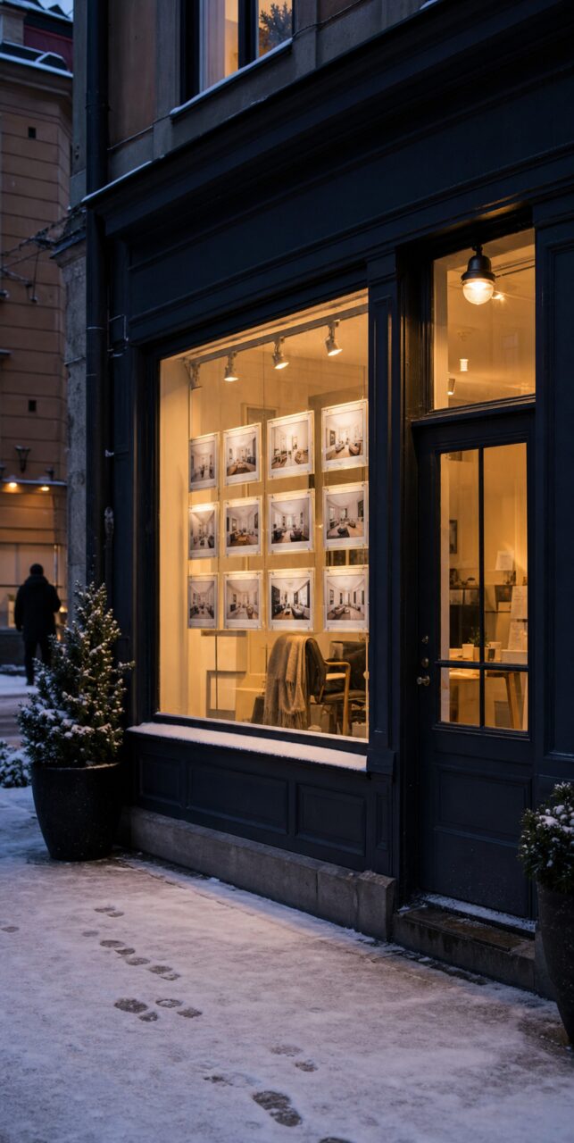 Vitrine van een makelaarskantoor in Stockholm onder avondlijke sneeuw