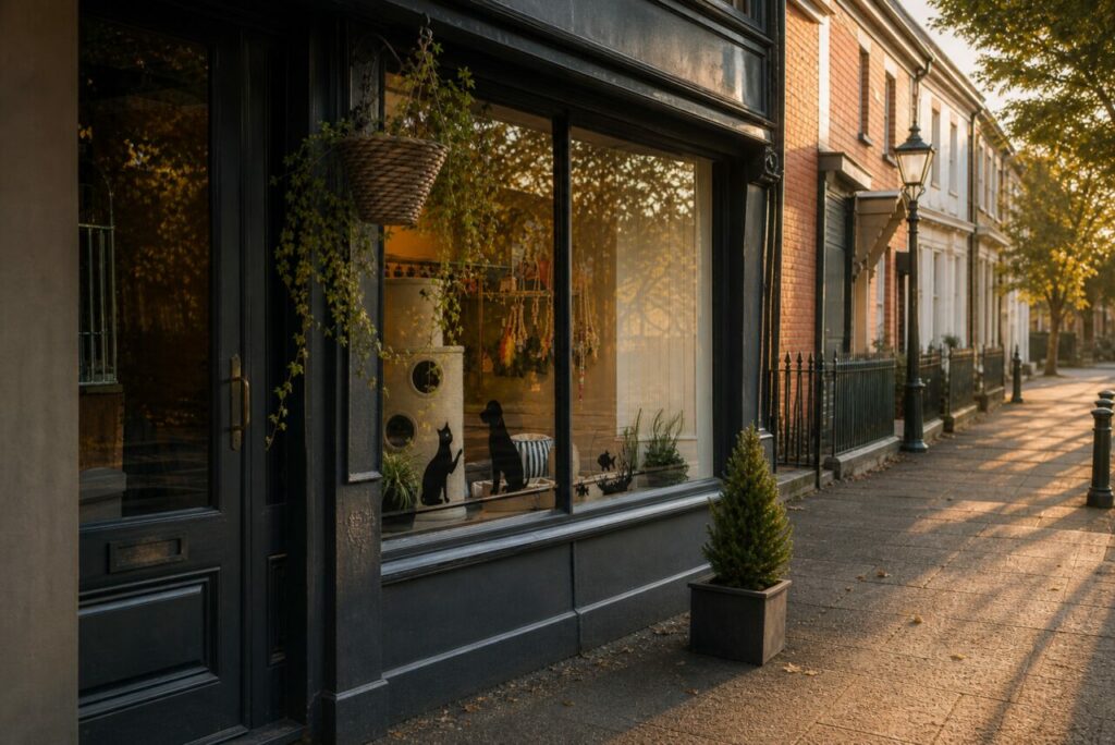 Vitrine d’animalerie sur une rue résidentielle