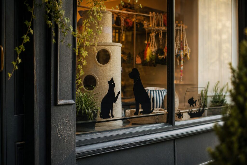Vitrine d’animalerie aux silhouettes de chats