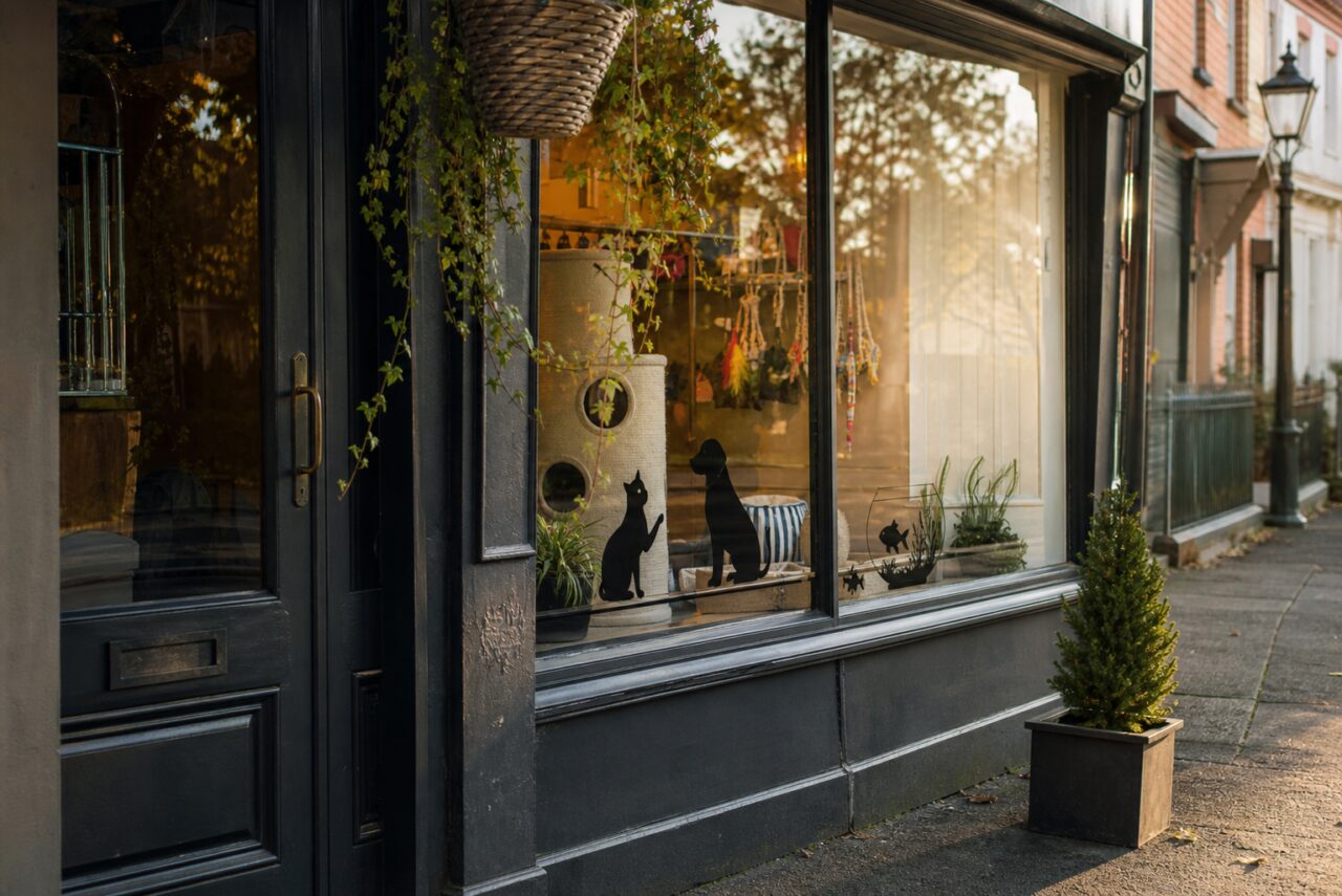 Dierenwinkel-etalage in het avondlicht