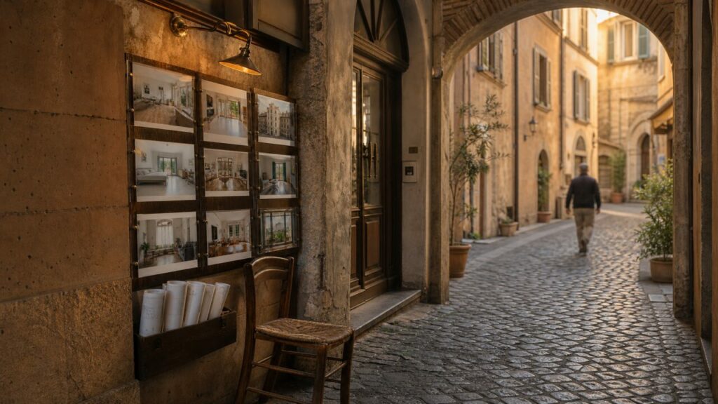 Vetrina di annunci immobiliari a Roma sotto una lampada ramata