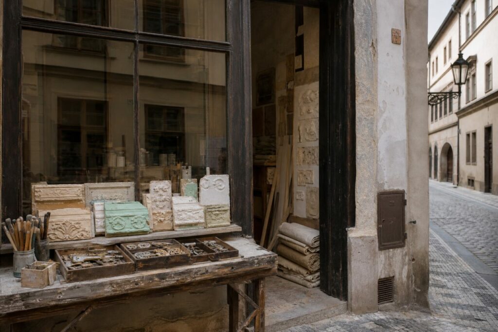 Vetrina di uno studio di restauro con rilievi decorativi e attrezzi in una strada di Praga