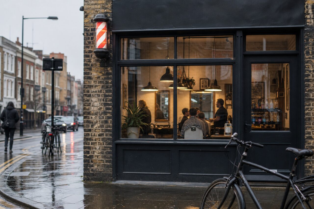 Verlichte kappersgevel in de regen met fietsen op de voorgrond