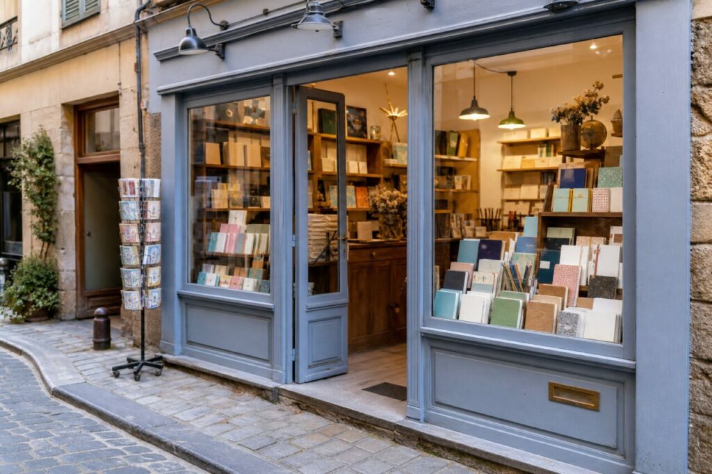 Vitrine bleue de papeterie avec carnets, cartes et papiers colorés