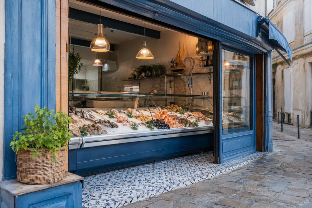 Vitrine bleue de poissonnerie avec poissons, coquillages et rue pavée