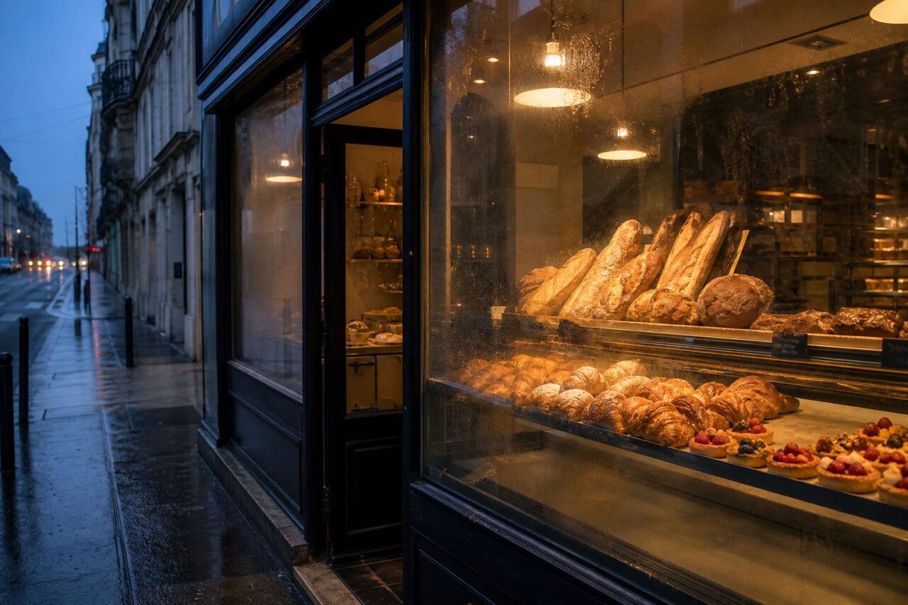 Beleuchtetes Bäckereifenster an einer regennassen Straße