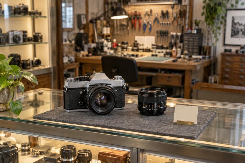 Vitrine: caméra révisé présenté dans une vitrine de boutique
