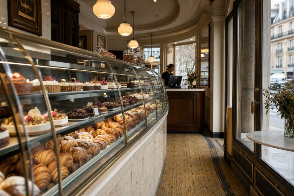 Longue vitrine courbe de croissants et gâteaux sous des globes lumineux