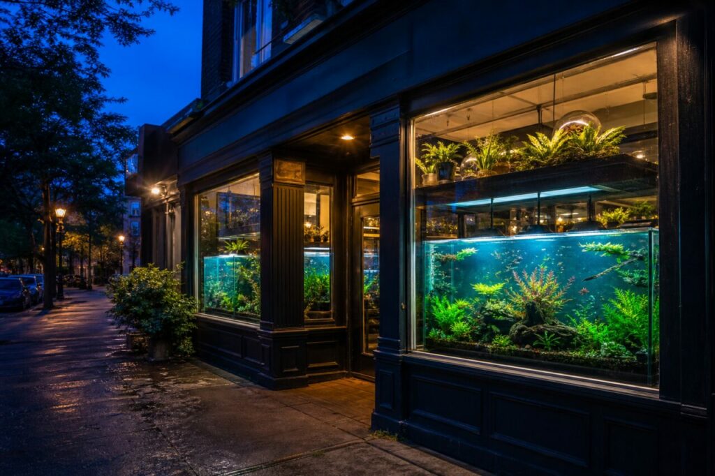 Verlichte aquariumetalage met planten, wortels en vissen