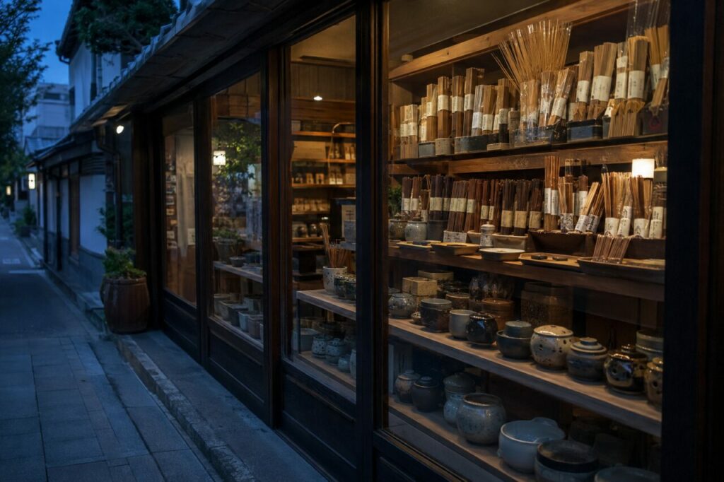 Vitrine d’encens éclairée à l’heure bleue dans la rue