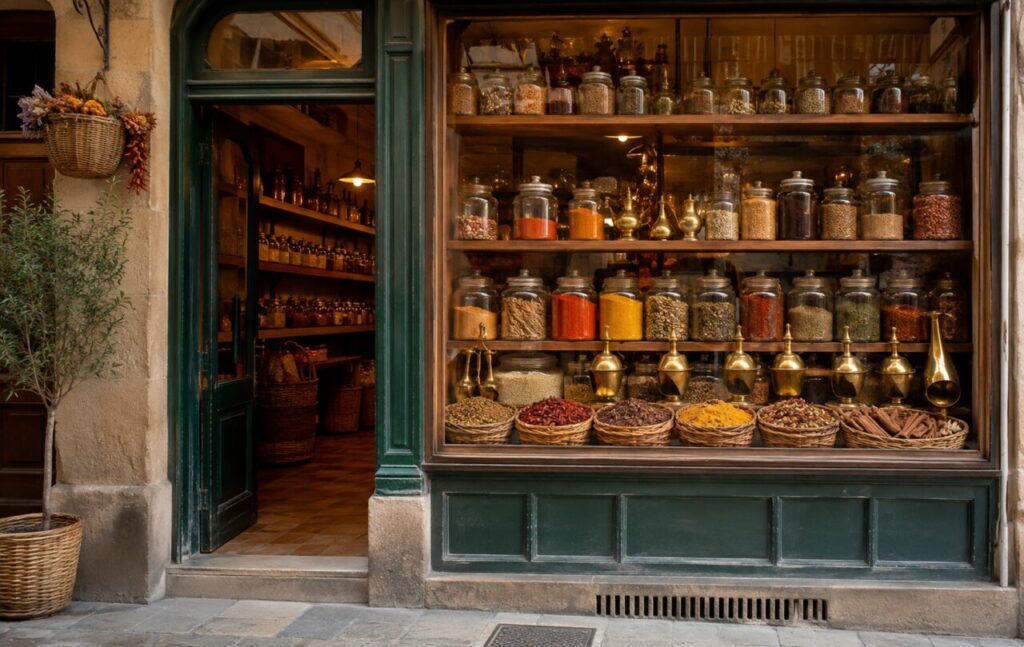 Vitrine d’épicerie fine avec bocaux d’épices, poudres et paniers