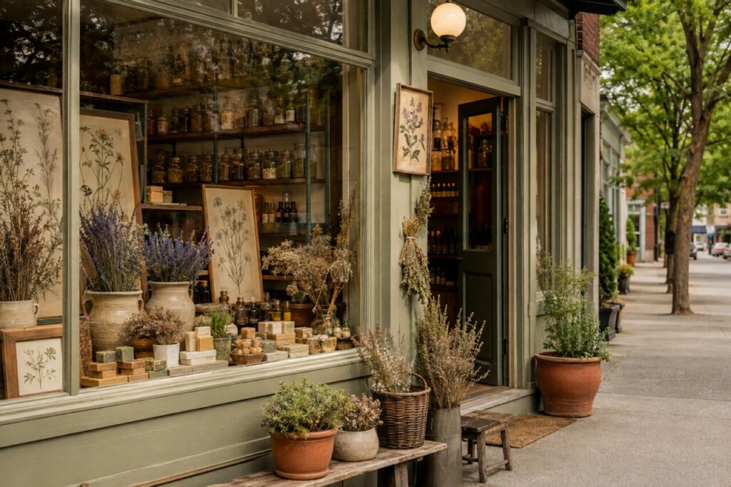 Vitrine d’herboristerie avec bocaux, bouquets secs et plantes en pot